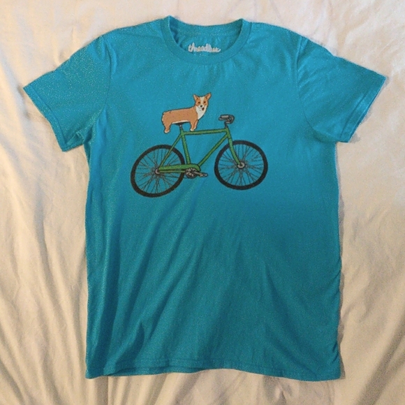 Threadless Corgi on a Bike cyan tshirt (M)🐶🚲🐾 - Picture 2 of 5